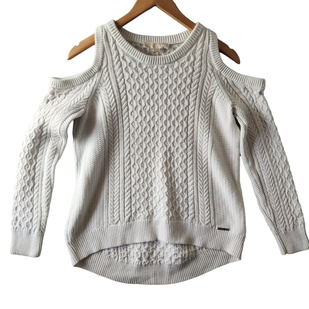 Michael Kors Off White  Cotton Viscose Cable Knit Cold Shoulder Sweater Medium